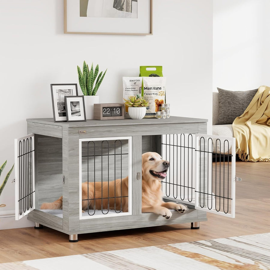 Indoor Dog Crate Furniture with Cushion | Side Table Style, Double Doors, 90cm