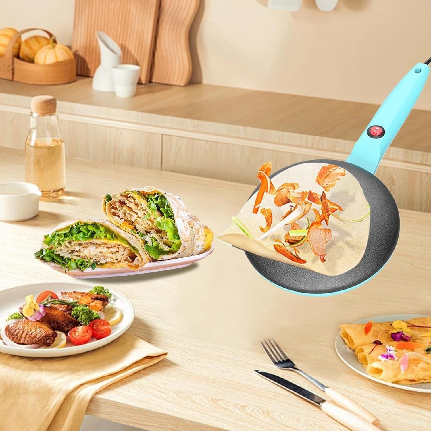 8" Electric Crepe Maker Non-Stick | Auto Temp | Portable (Green)