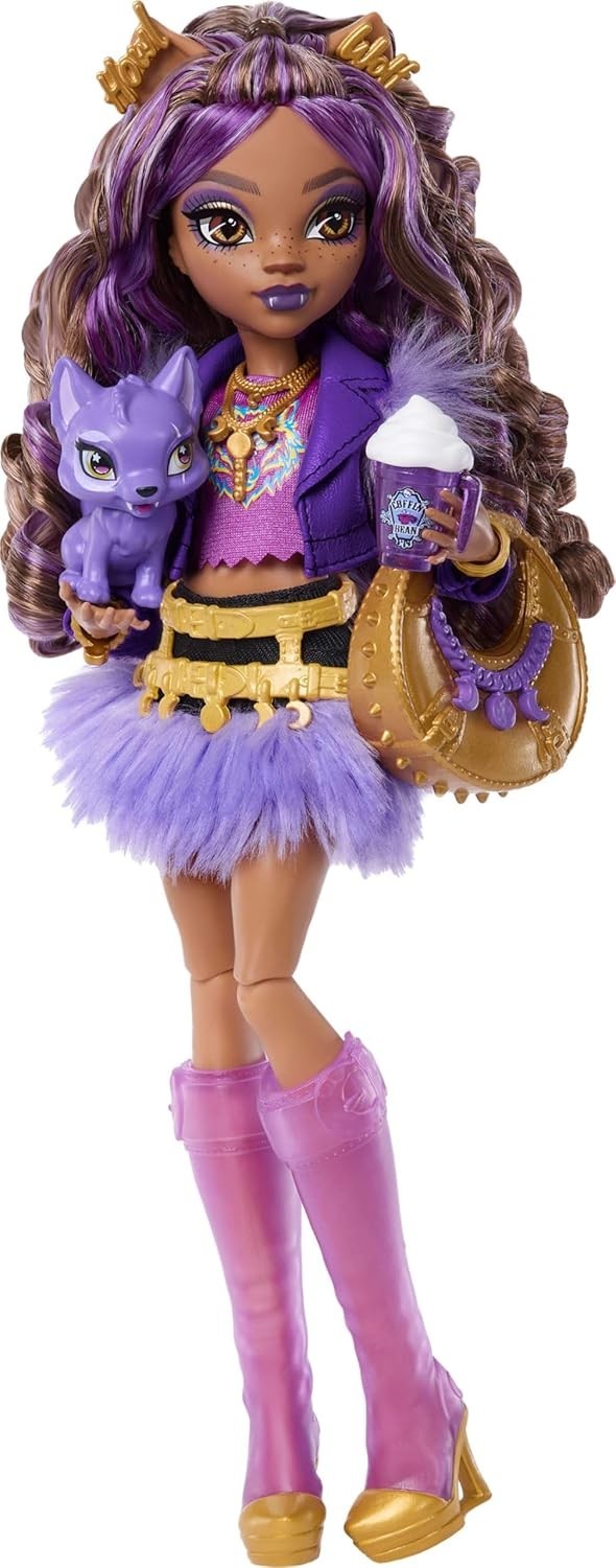 Fashion Doll Purple Moto Jacket Furry Skirt Pet Wolf Accessories