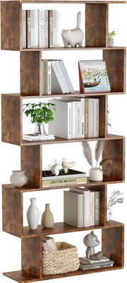 Tall Rustic Brown S-Shaped 6-Tier Bookshelf Modern Display Storage Unit Home