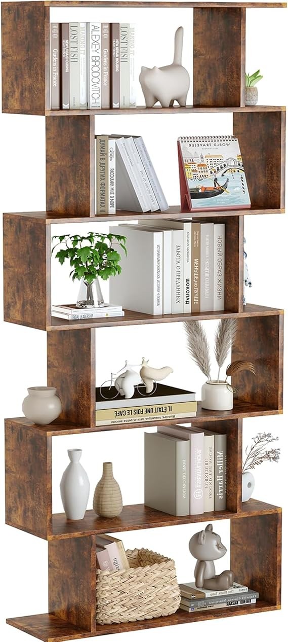 Tall Rustic Brown S-Shaped 6-Tier Bookshelf Modern Display Storage Unit Home