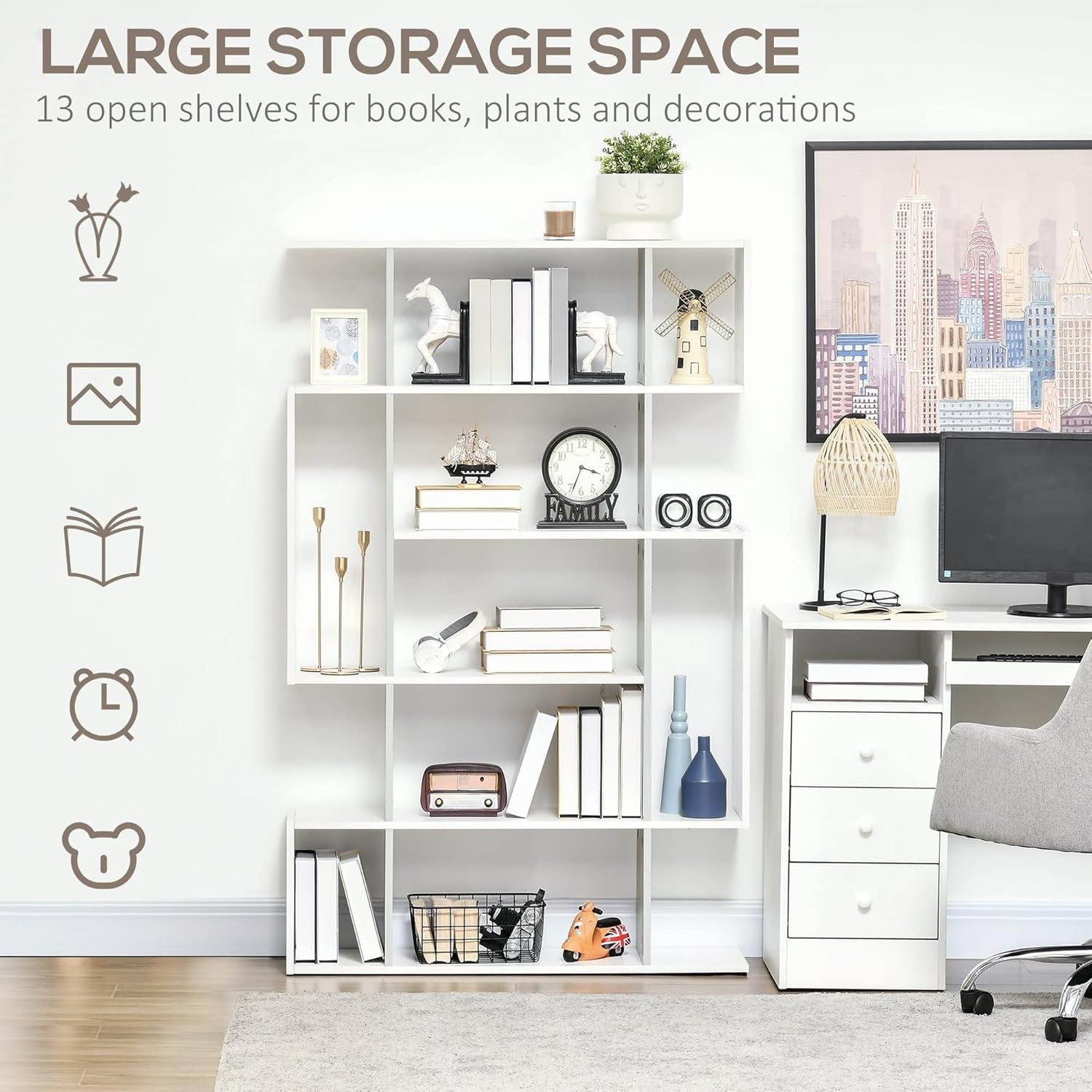 Modern 5-Tier Bookcase with 13 Shelves, Freestanding Storage Unit White