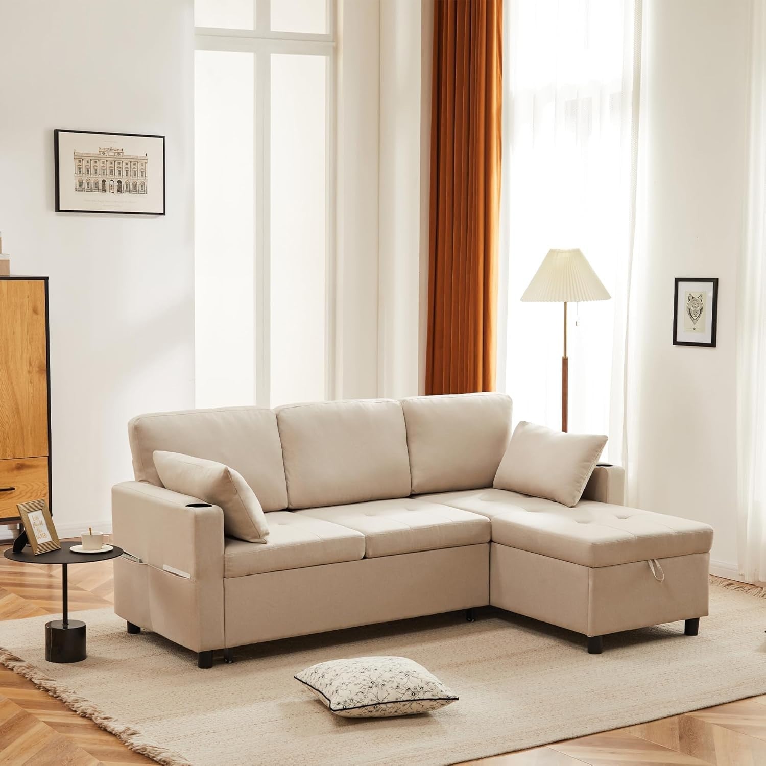 L Shape Sofa Bed w/Storage Pull Out Sleeper Cup Holders Beige 3 Seater