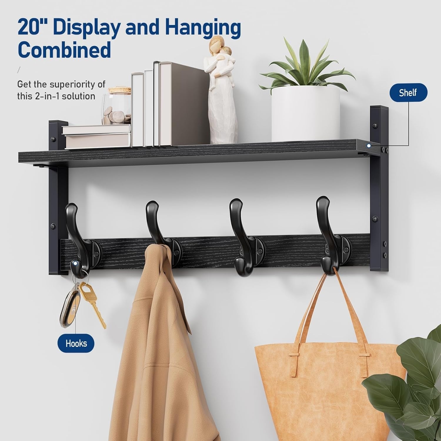 Rustic Black Wall Mounted Coat Rack with Shelf | 20” Hooks for Entryway