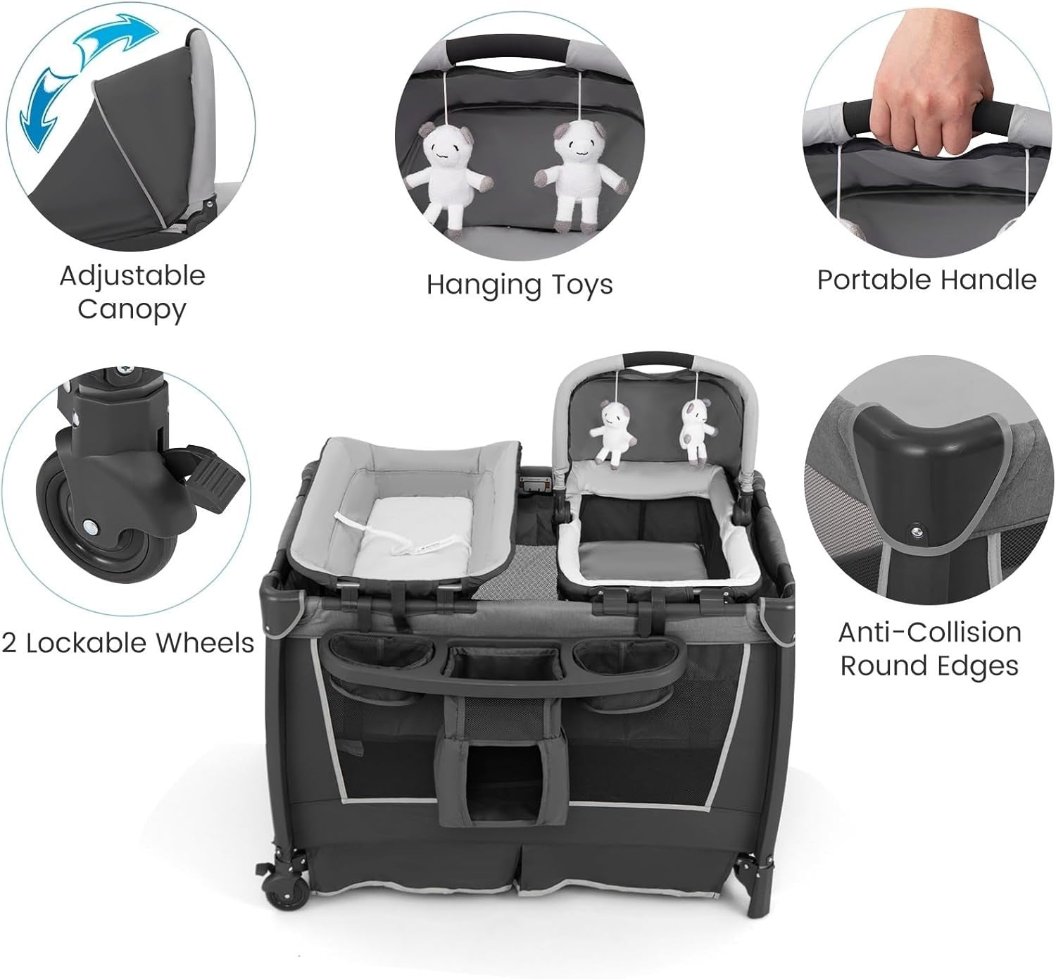 4in1 Baby Travel Cot with Bassinet Changing Table Playpen Wheels & Storage Grey