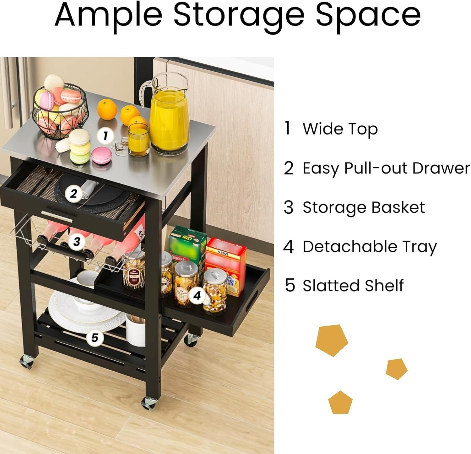4 Tier Kitchen Trolley Stainless Steel Top Cart Black