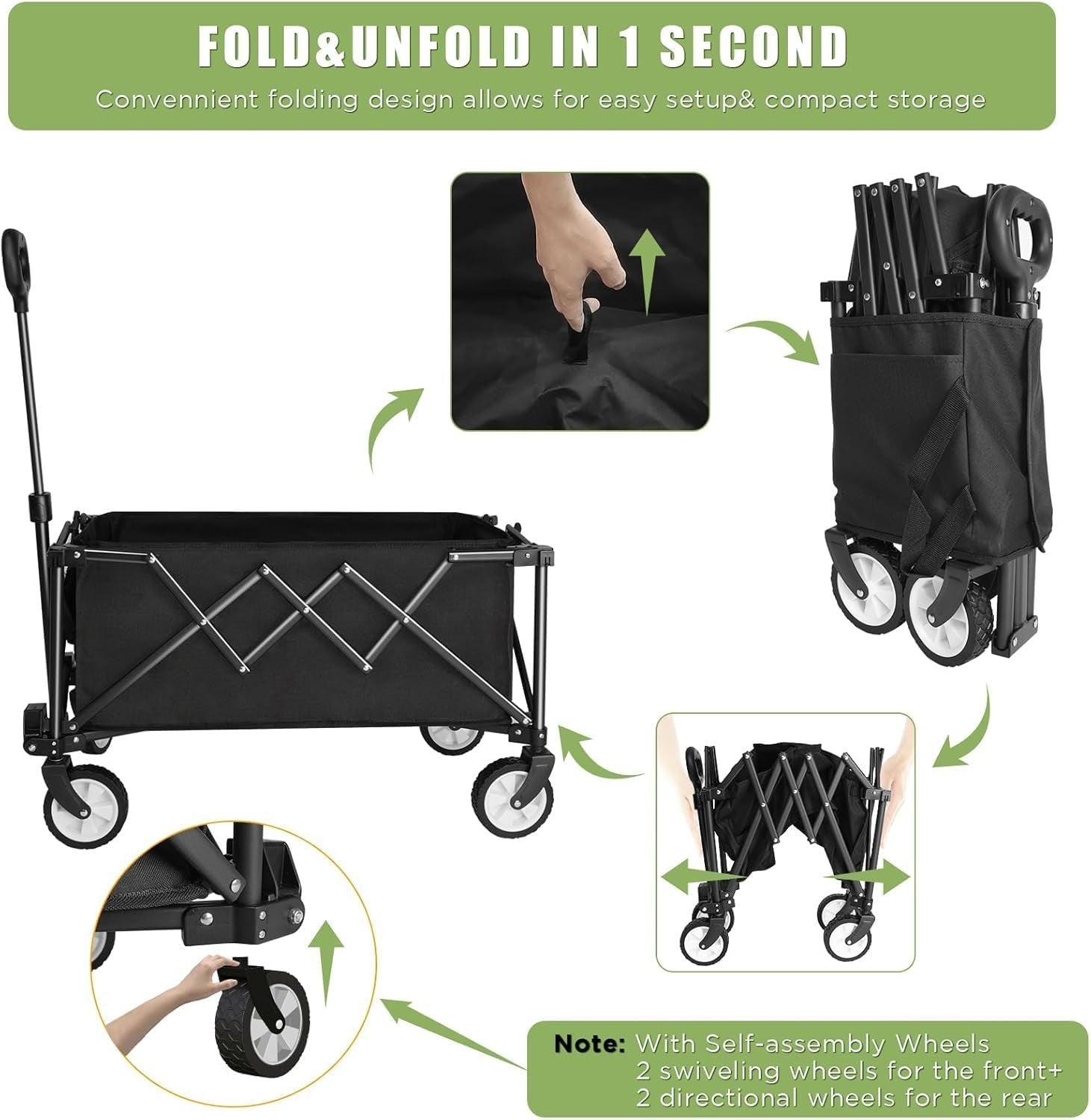 Black Heavy Duty Camping Wagon 100L Folding All-Terrain Garden Trolley + Cover