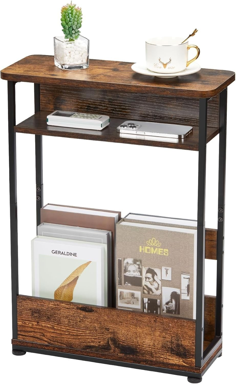 Narrow Rustic Brown Bedside Table 18x40x55cm, Storage Shelf, Slim Design