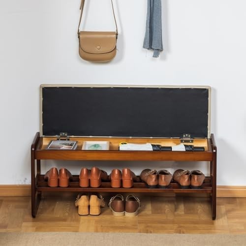 Modern Grey Solid Wood Shoe Bench with Cushion & Flip-Top Storage Seat