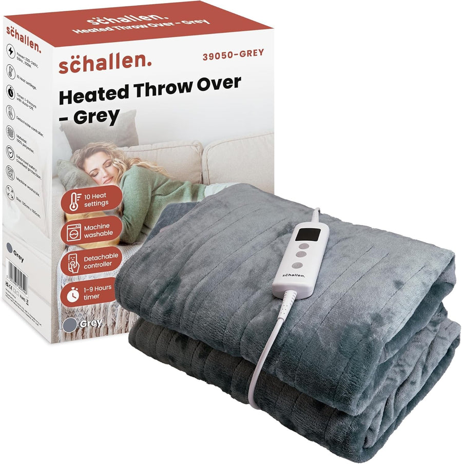 Grey Electric Heated Throw Blanket 120x160cm Soft Fleece Timer 10 Heat Levels