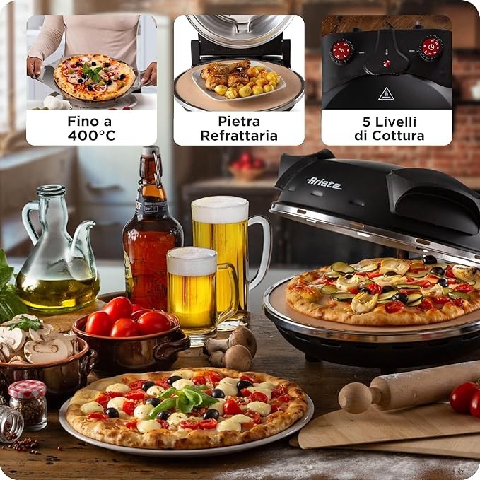 1200W Electric Pizza Oven 400°C 5 Heat Levels Non-Stick Stone Black