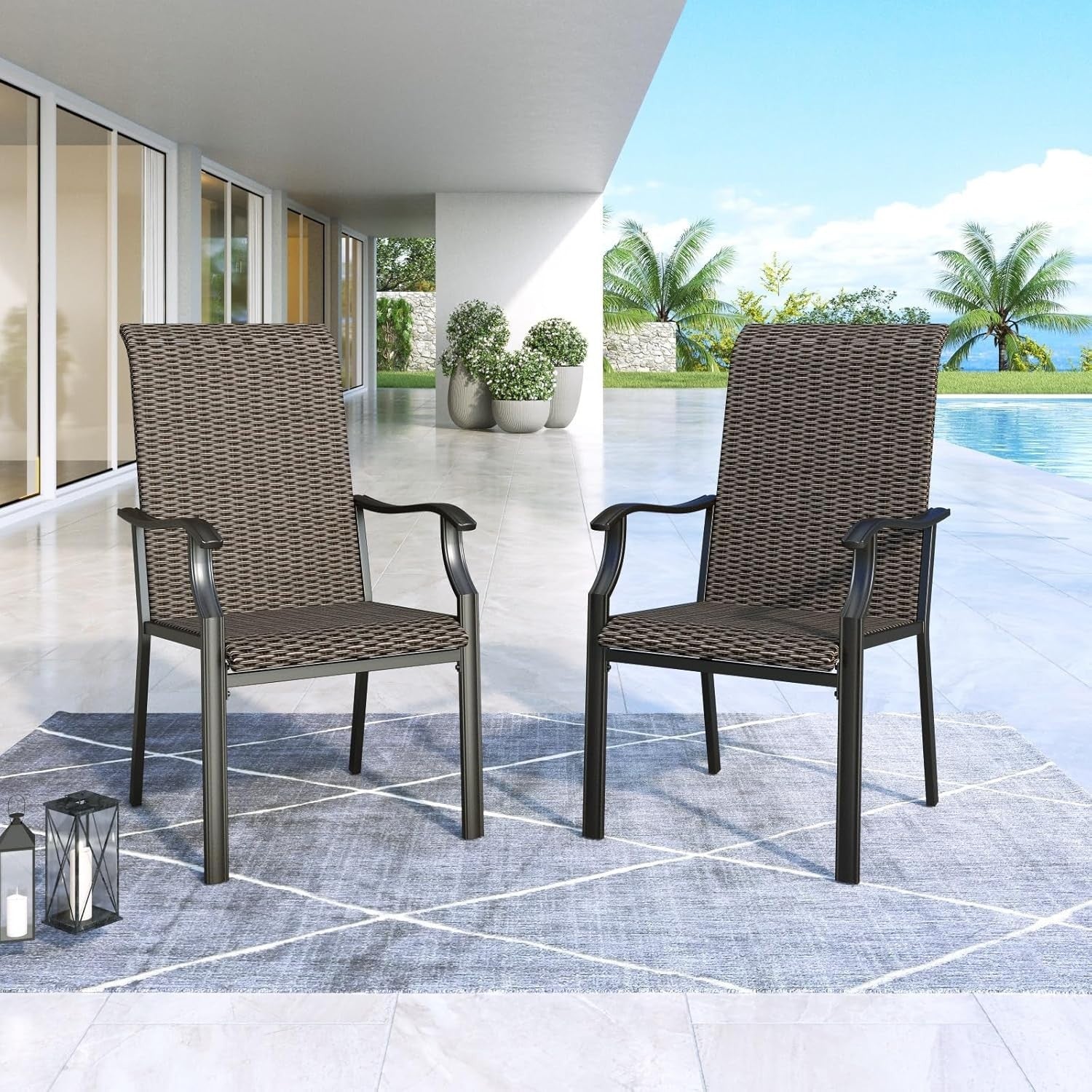 High Back Garden Dining Chairs Set of 2 All-Weather Rattan Patio Seats