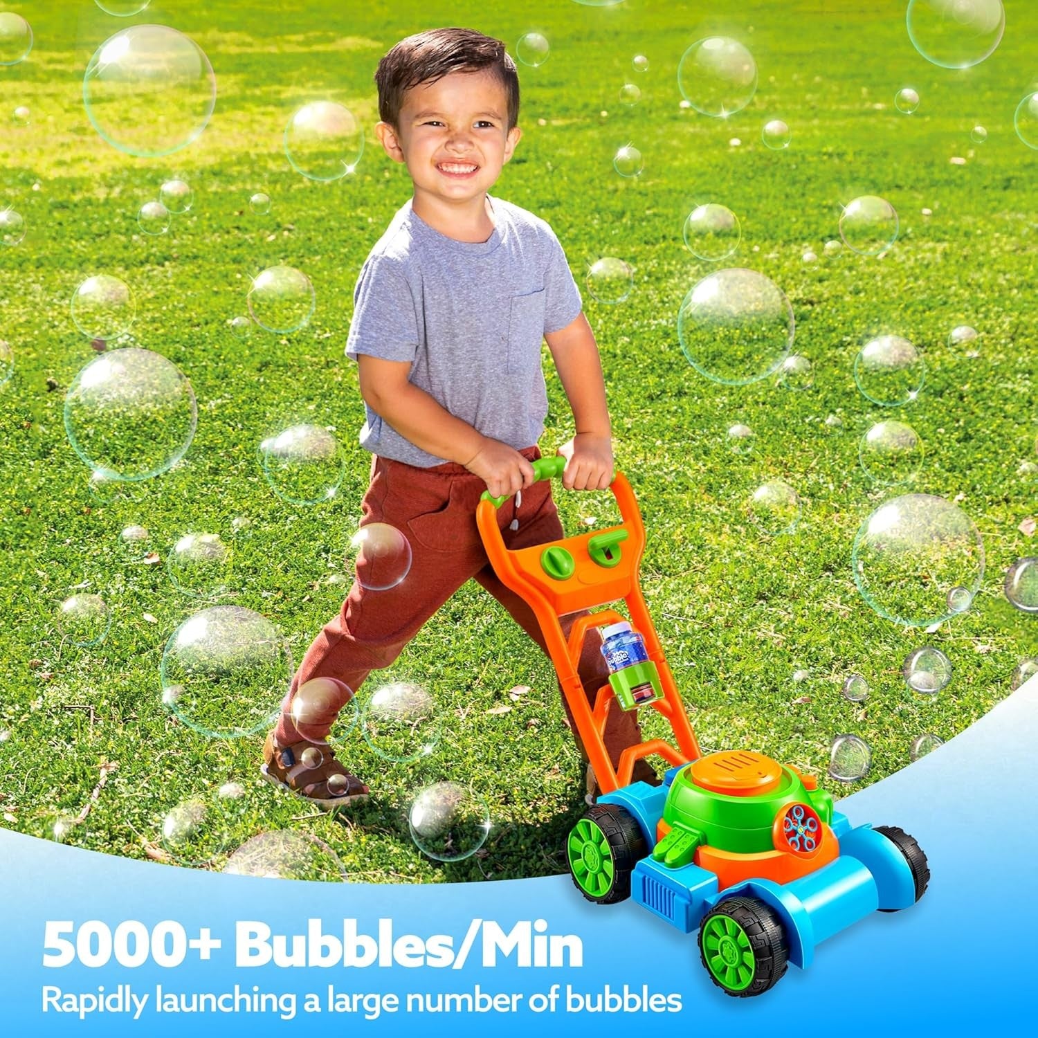Bubble Lawn Mower Toddler Push Toy Outdoor Bubble Machine Blue Kids