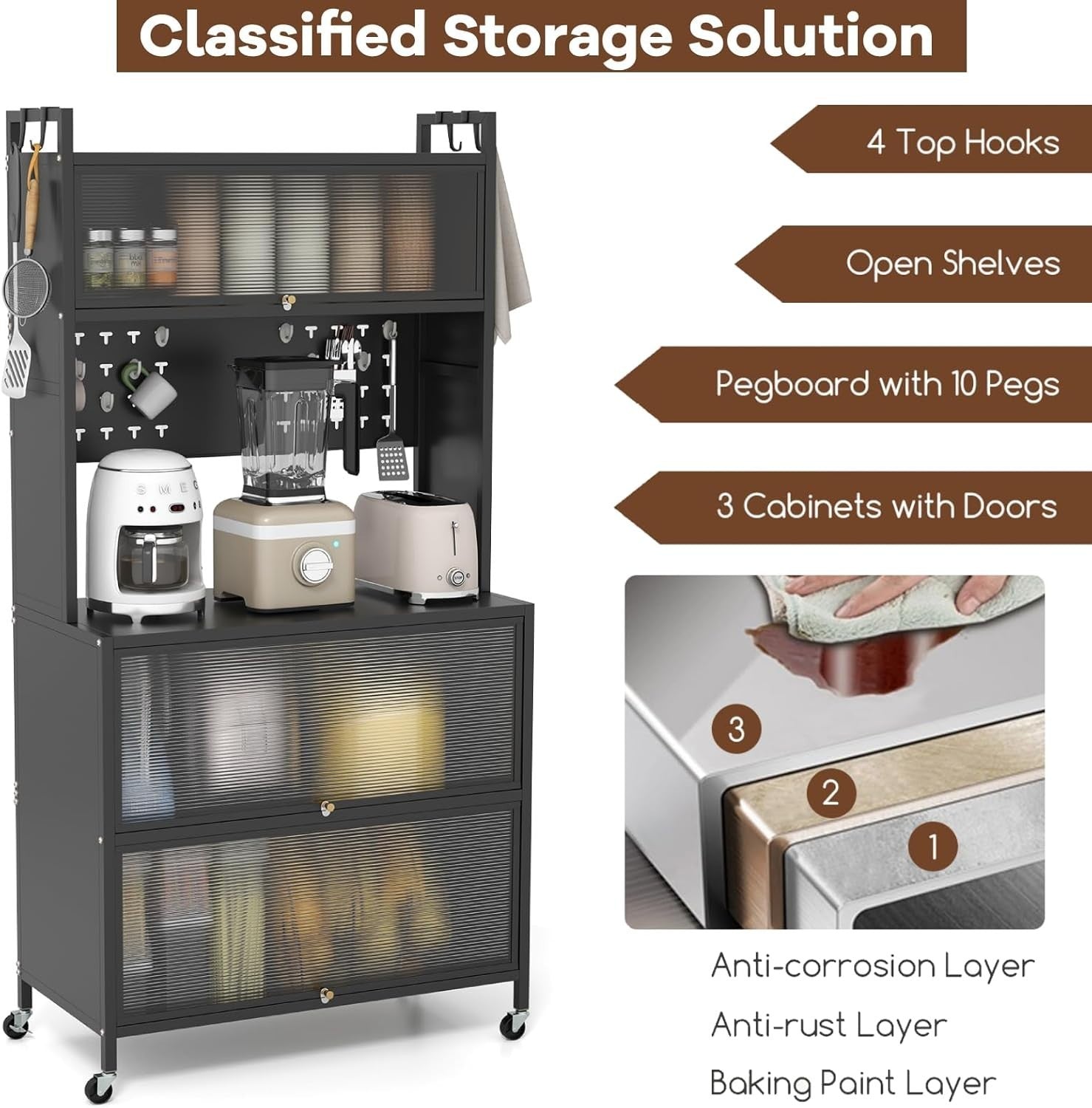 80x40x163cm Black Rolling Kitchen Cabinet 5-Tier Pantry Storage with Wheels