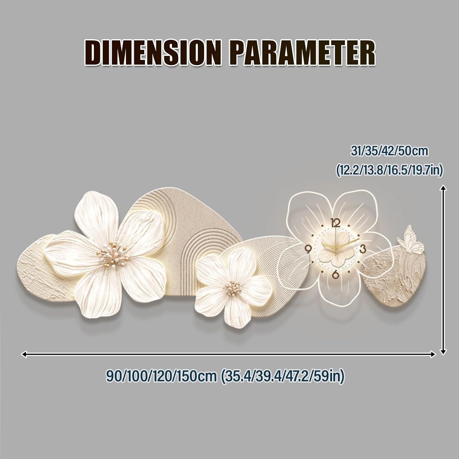 3D LED Wall Clock Flower Decor Silent Quartz Hanging Art Beige