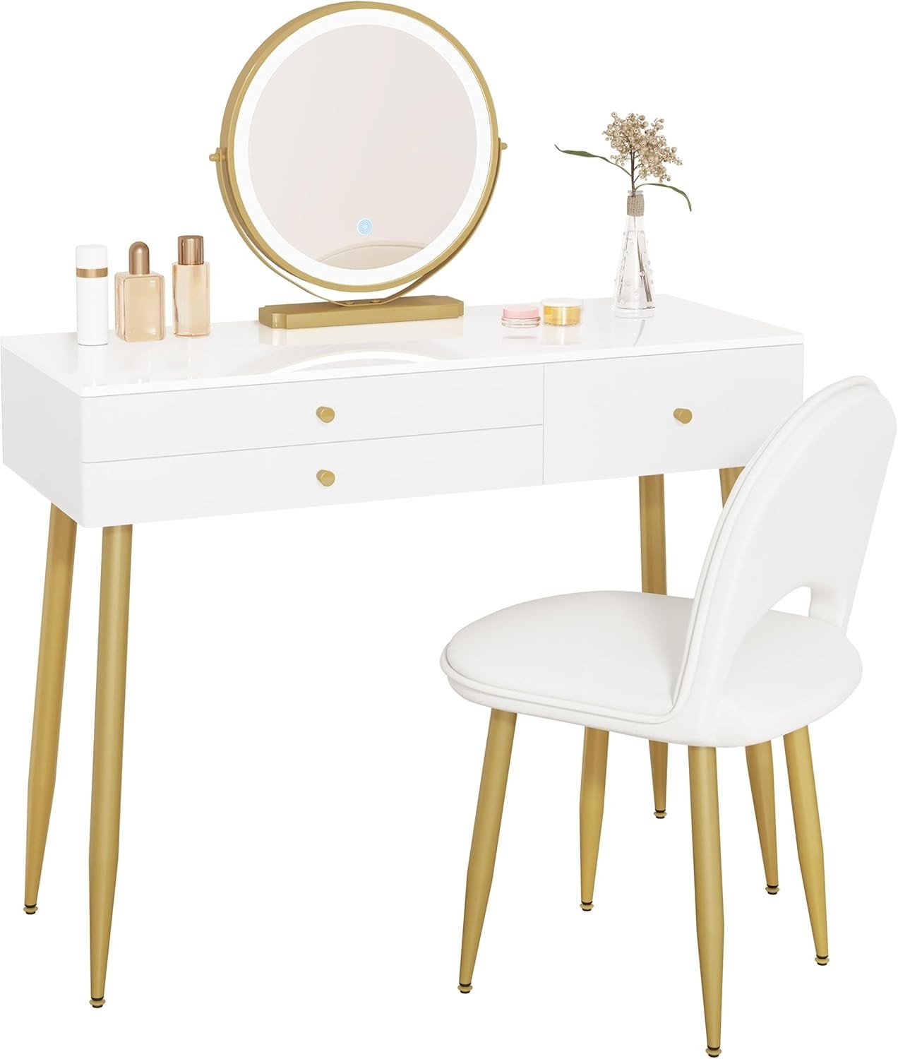 Modern Vanity Makeup Dressing Table Set LED Mirror 3 Drawers Stool White/Gold