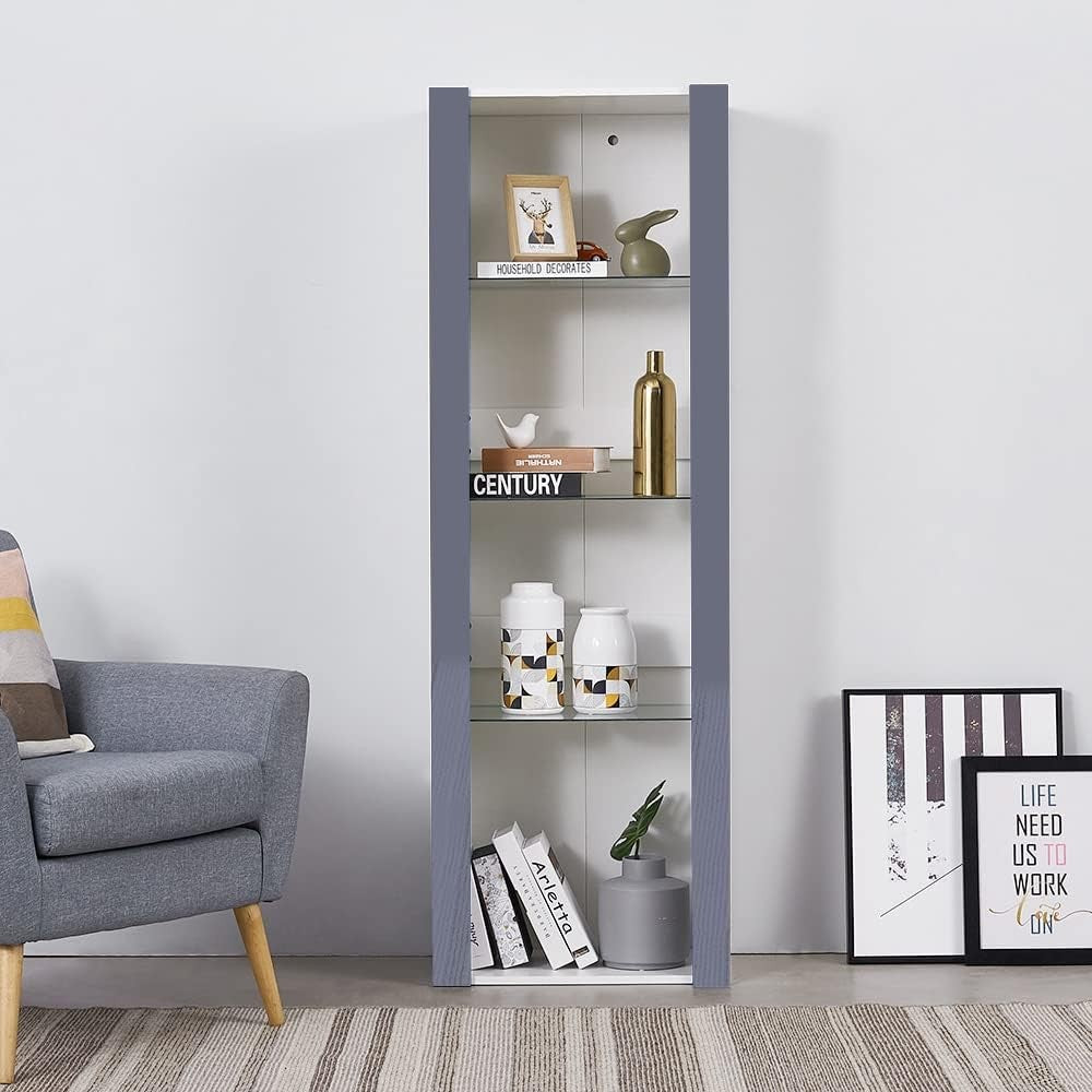 Tall Grey High-Gloss Display Cabinet with Glass Shelves & RGB LED Lighting Unit