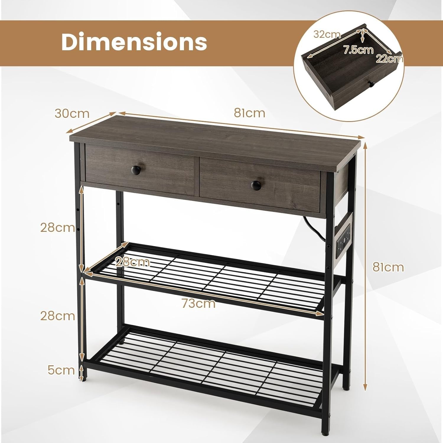 Slim Console Table with Charging Station, 2 Drawers, Storage Shelves 81cm