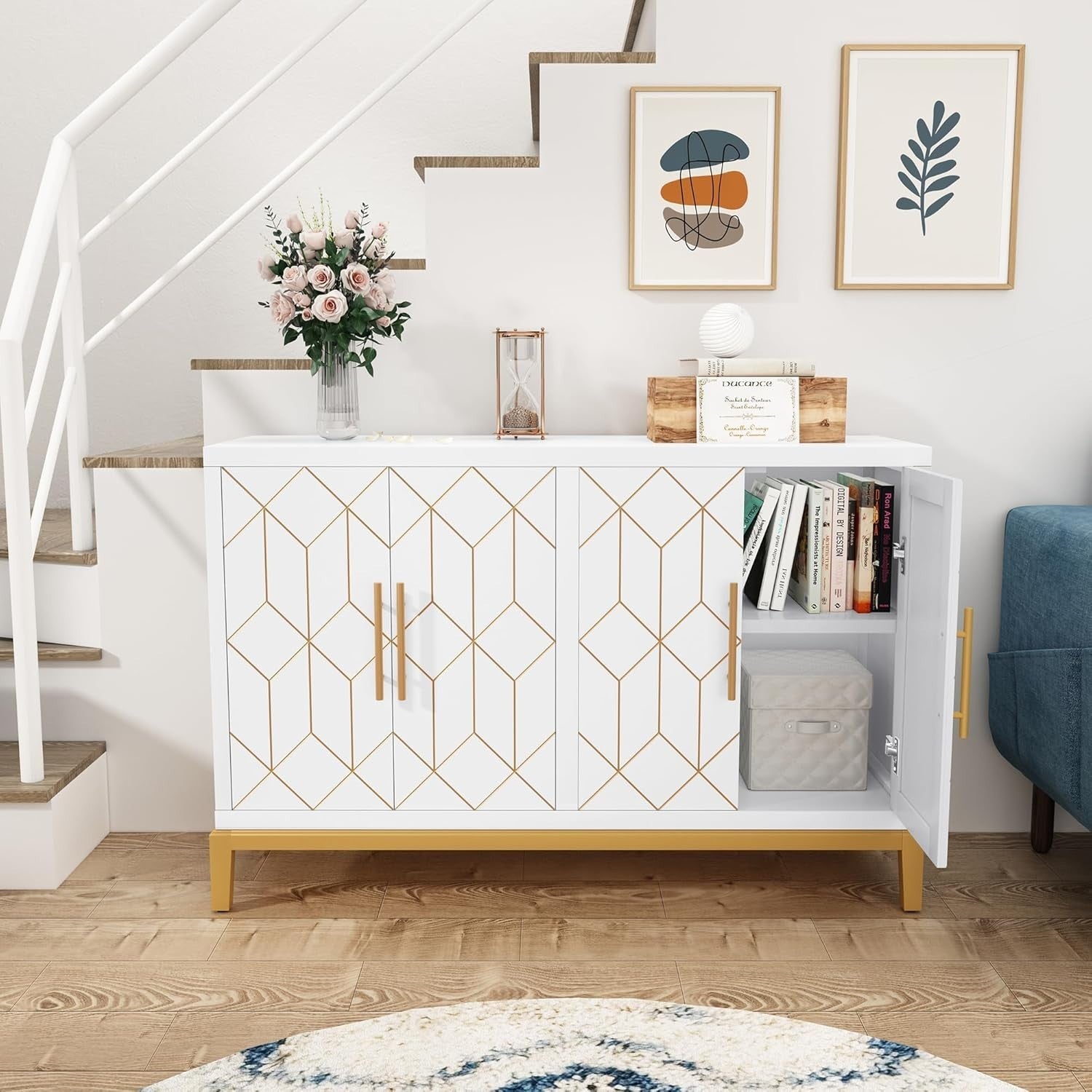 White Sideboard Cabinet 4 Door Gold Trim Storage Unit for Hallway Room