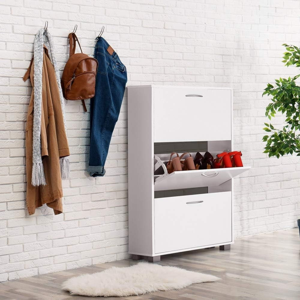3 Door Shoe Storage Cabinet Wenge White | Slim Modern Hallway Cupboard 115x60x24