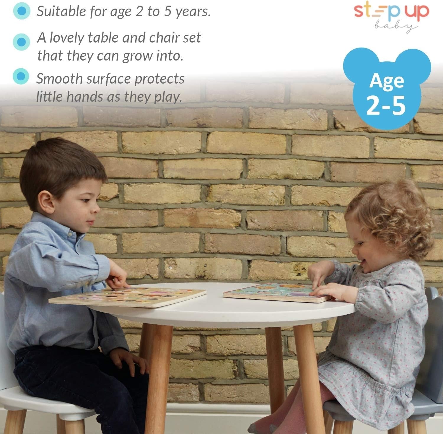 Kids Table and 2 Chairs Set Wooden Toddler Bear Shape Round Play Snack White