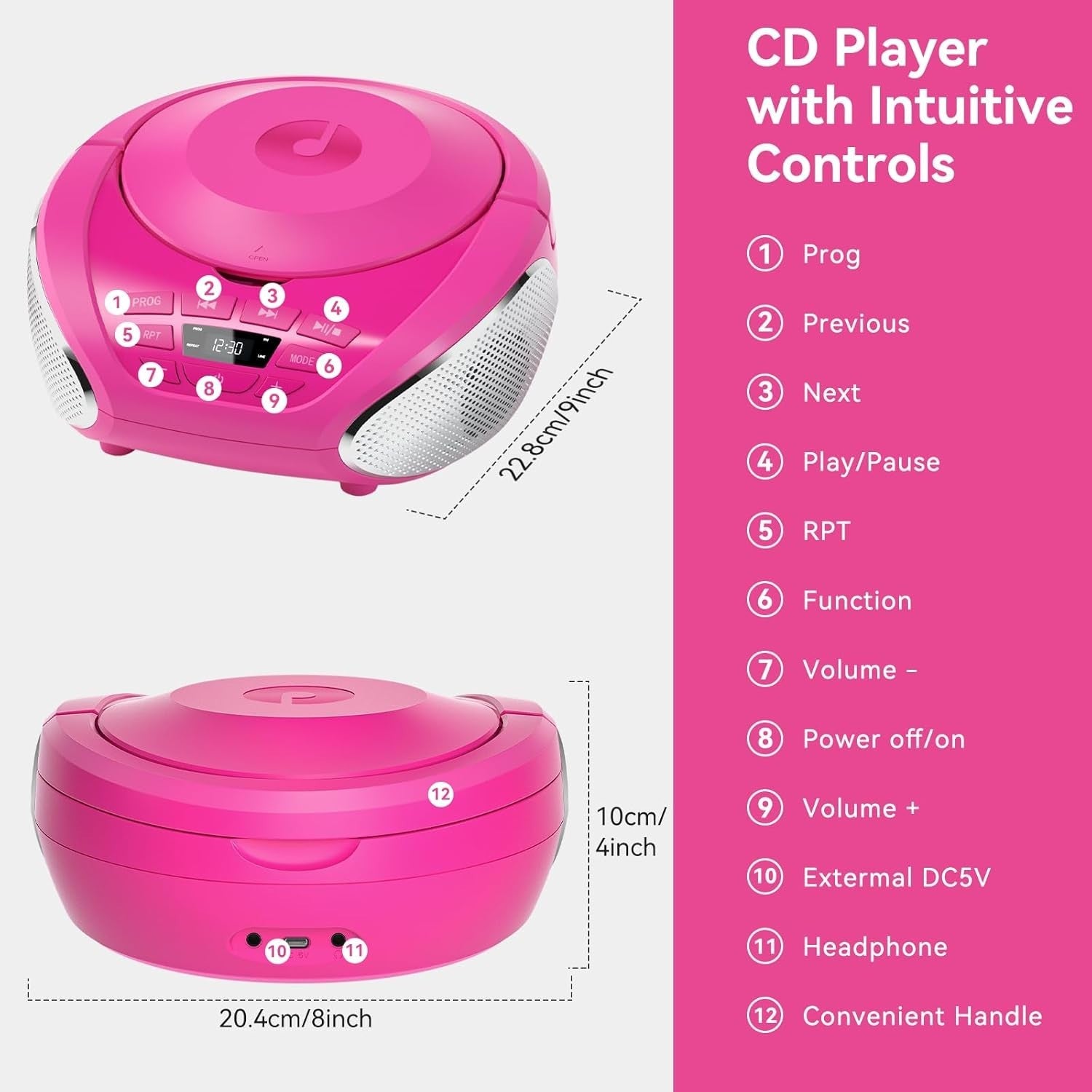 Portable CD Player Boombox Speakers FM Radio AUX Headphone Jack Pink