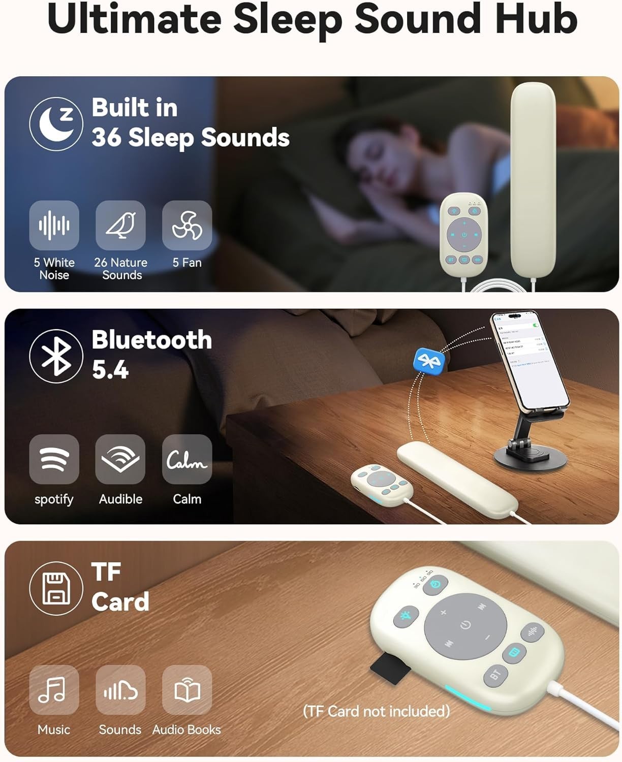 Bone Conduction Pillow Speaker for Sleep, 36 Sounds, Bluetooth & Timer