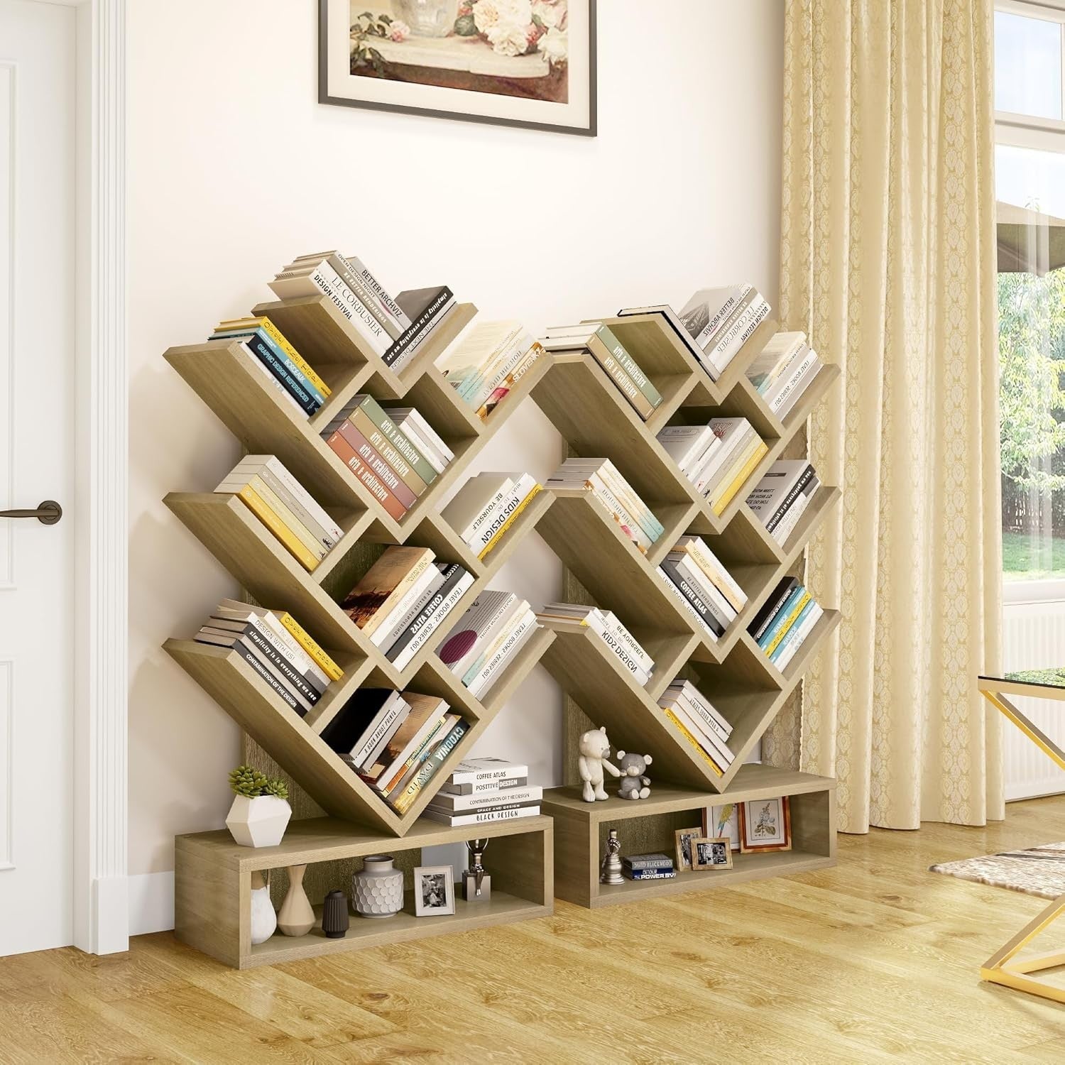 Tree Bookshelf with Drawer 5 Tier Oak  Wooden Bookcase Storage Rack