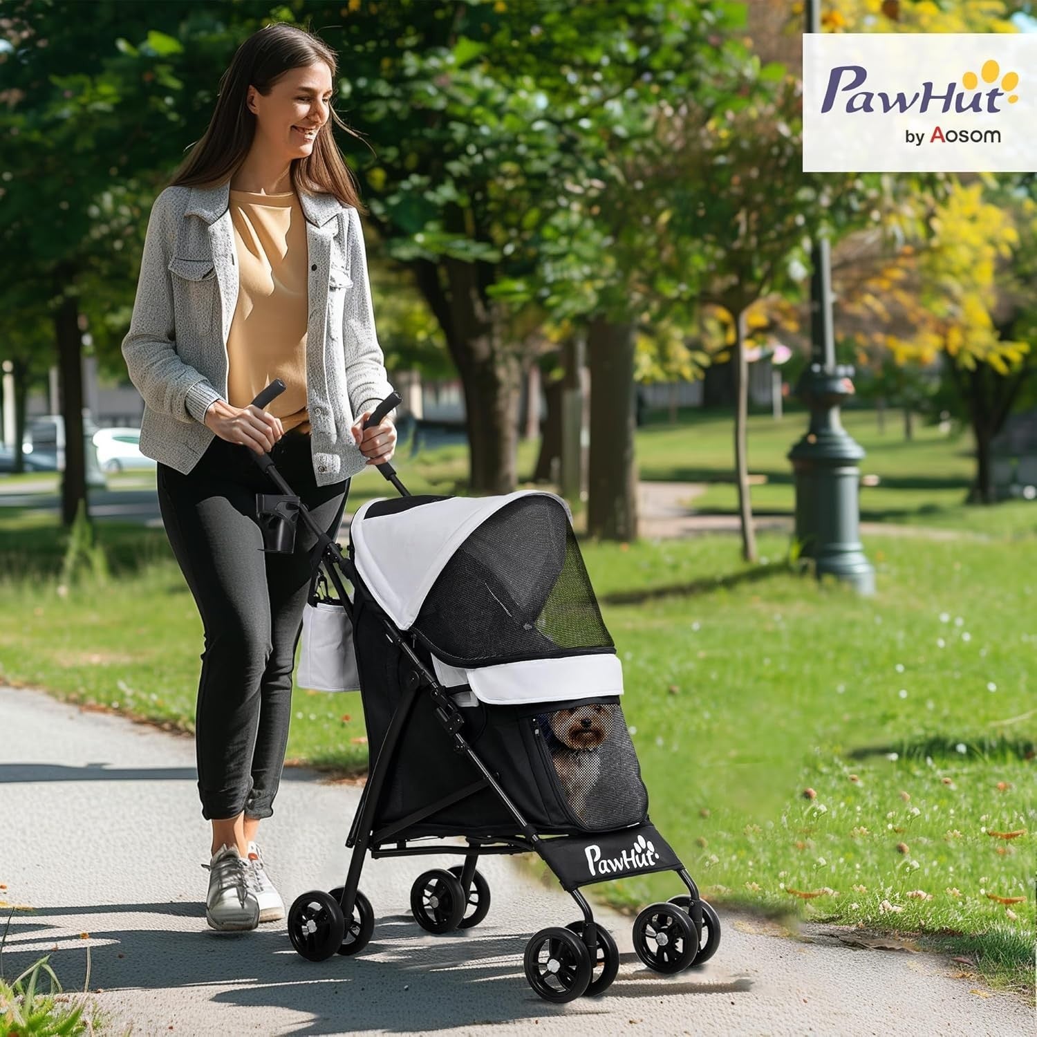 Light Grey Pet Pram for Small Dogs Fold Away Pushchair with Strap