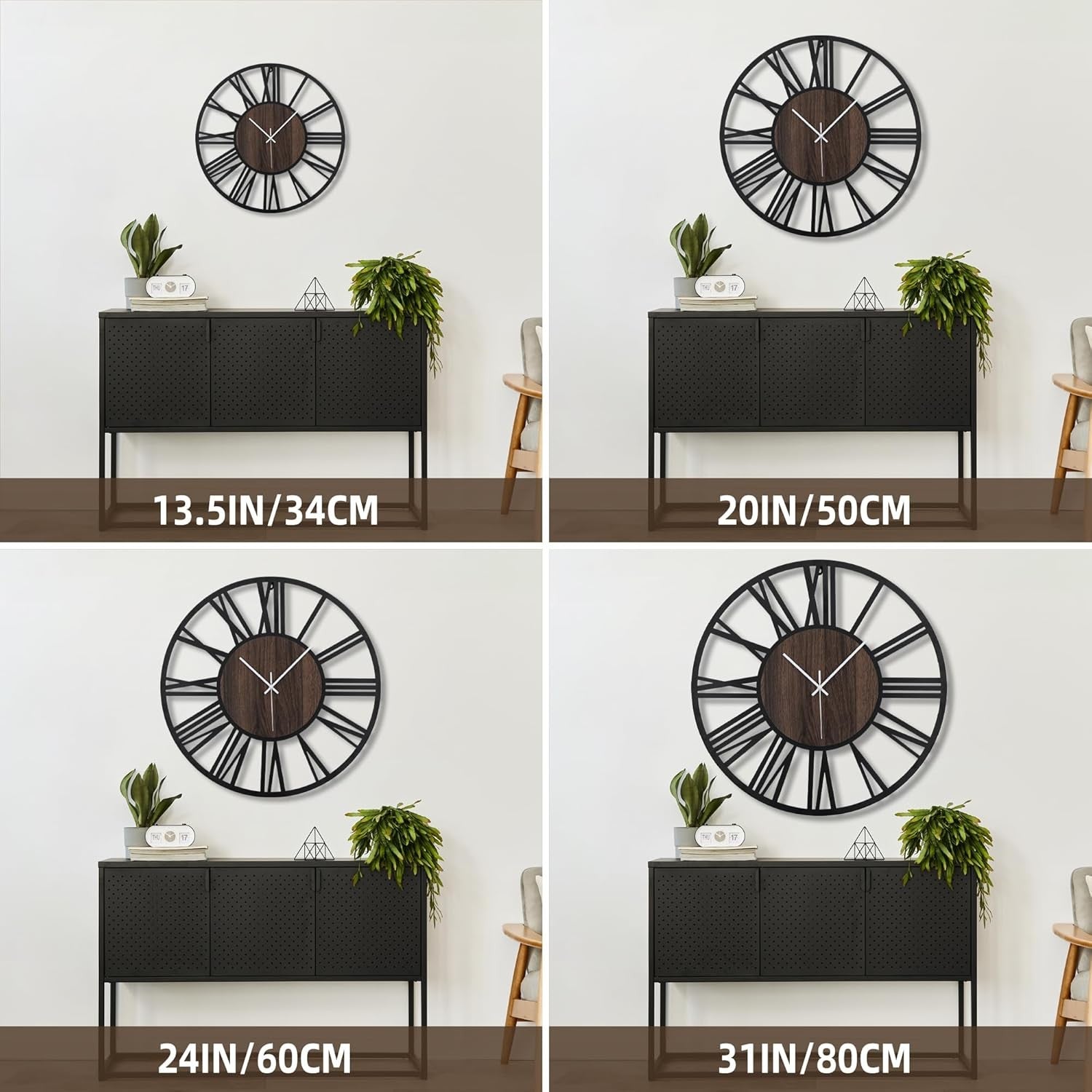 Large 34cm Silent Wall Clock Modern Rustic Metal Wood Roman Numeral Decor