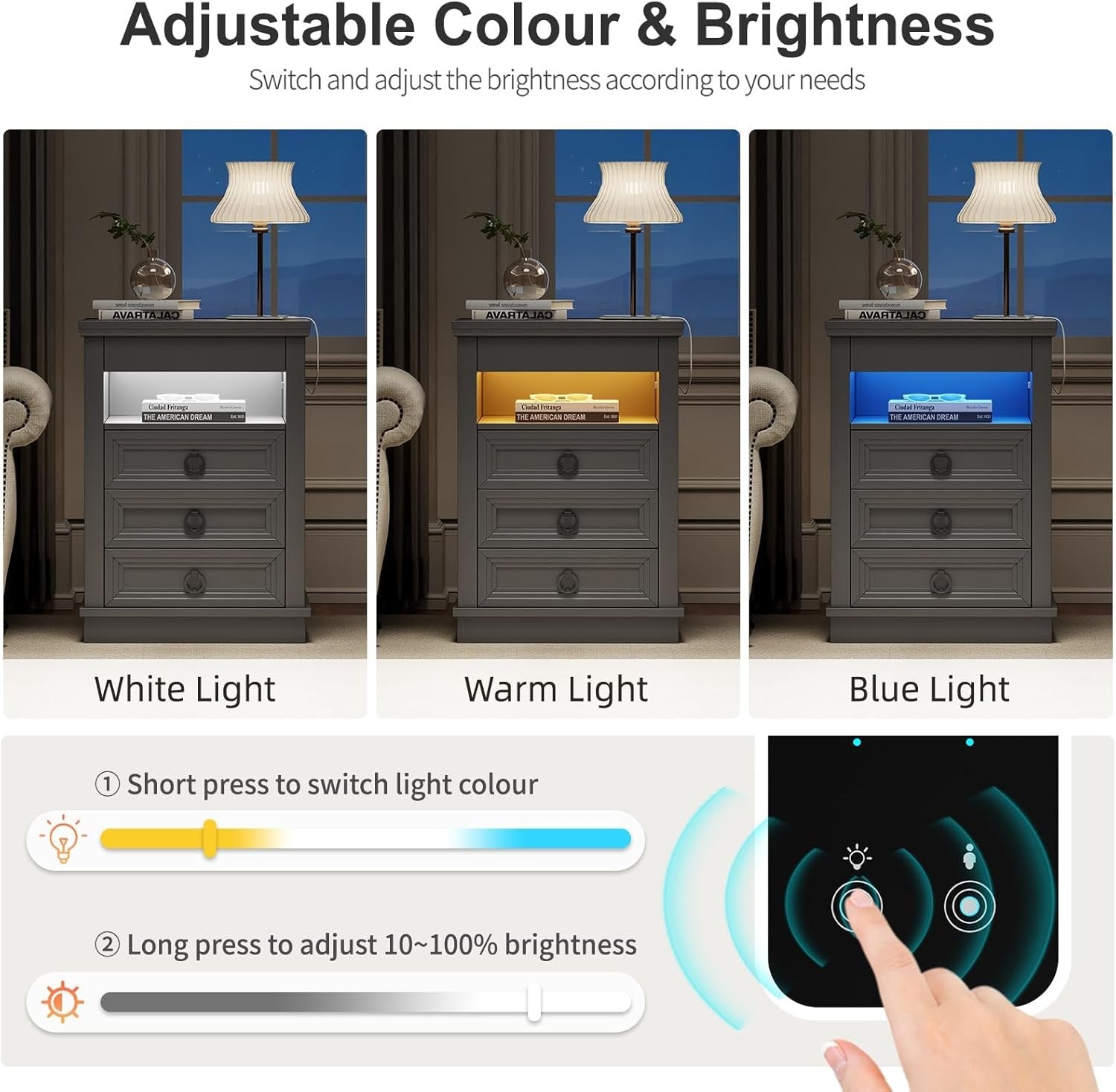 Grey Smart Bedside Table with Wireless Charging, LED Lights & 4 Drawer Storage