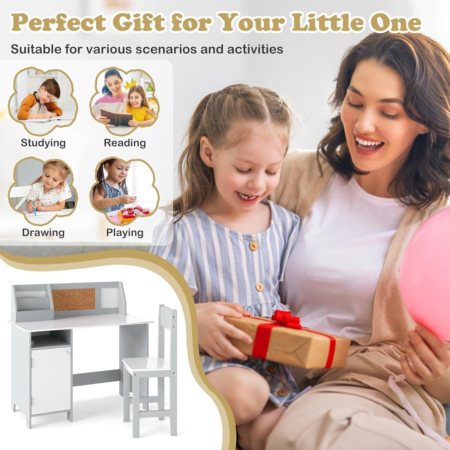 Kids Wooden Desk and Chair Set with Storage White Grey Study Table