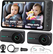 Dual Baby Car Camera 1080P IPS Monitor Night Vision Rear Facing 2 Kids