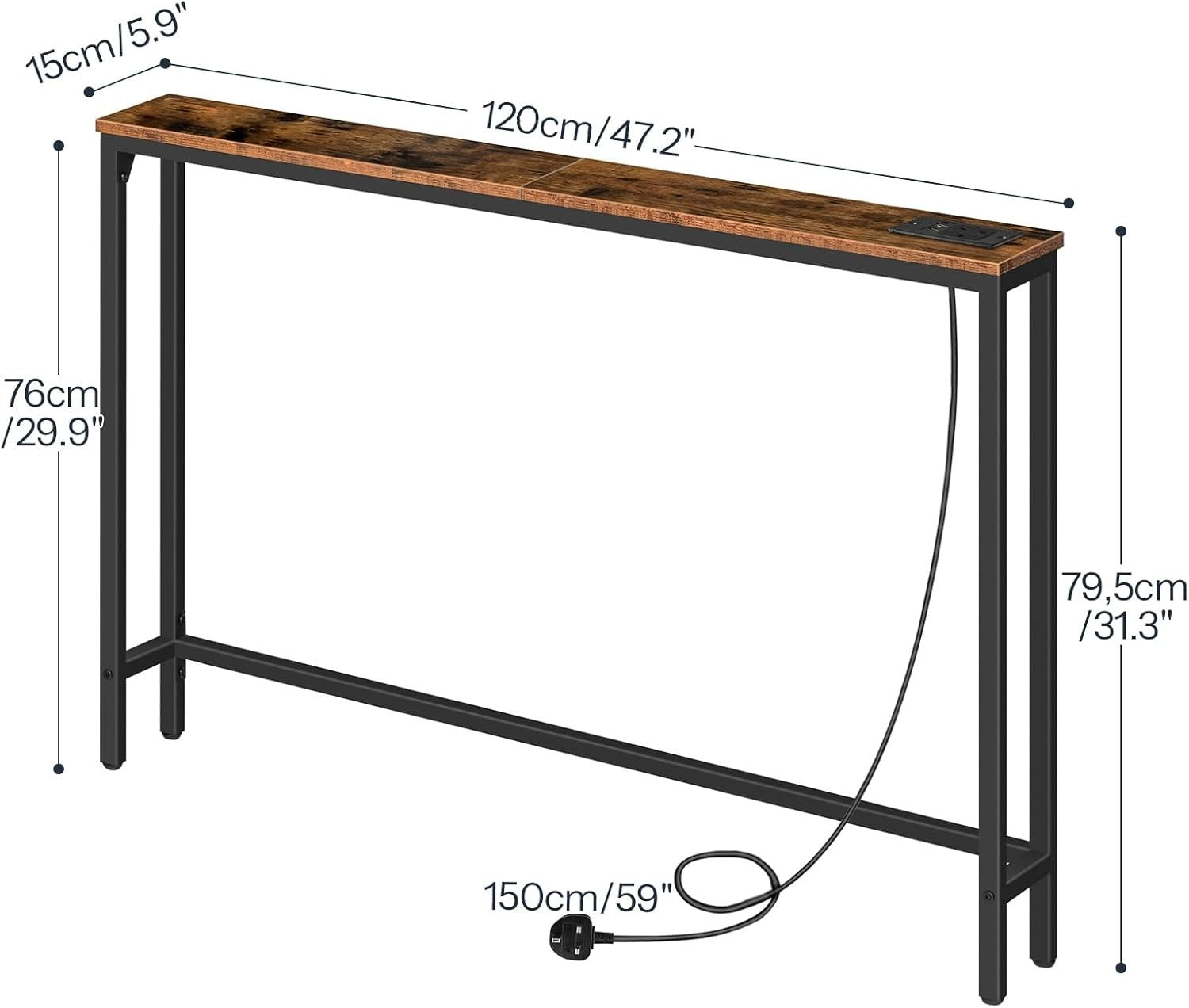 Slim Console Table with Charging Ports, Entryway Sofa Table, 120cm Narrow