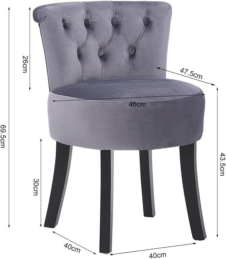 Grey Velvet High-Back Vanity Stool with Wooden Legs – Comfy Dressing Chair
