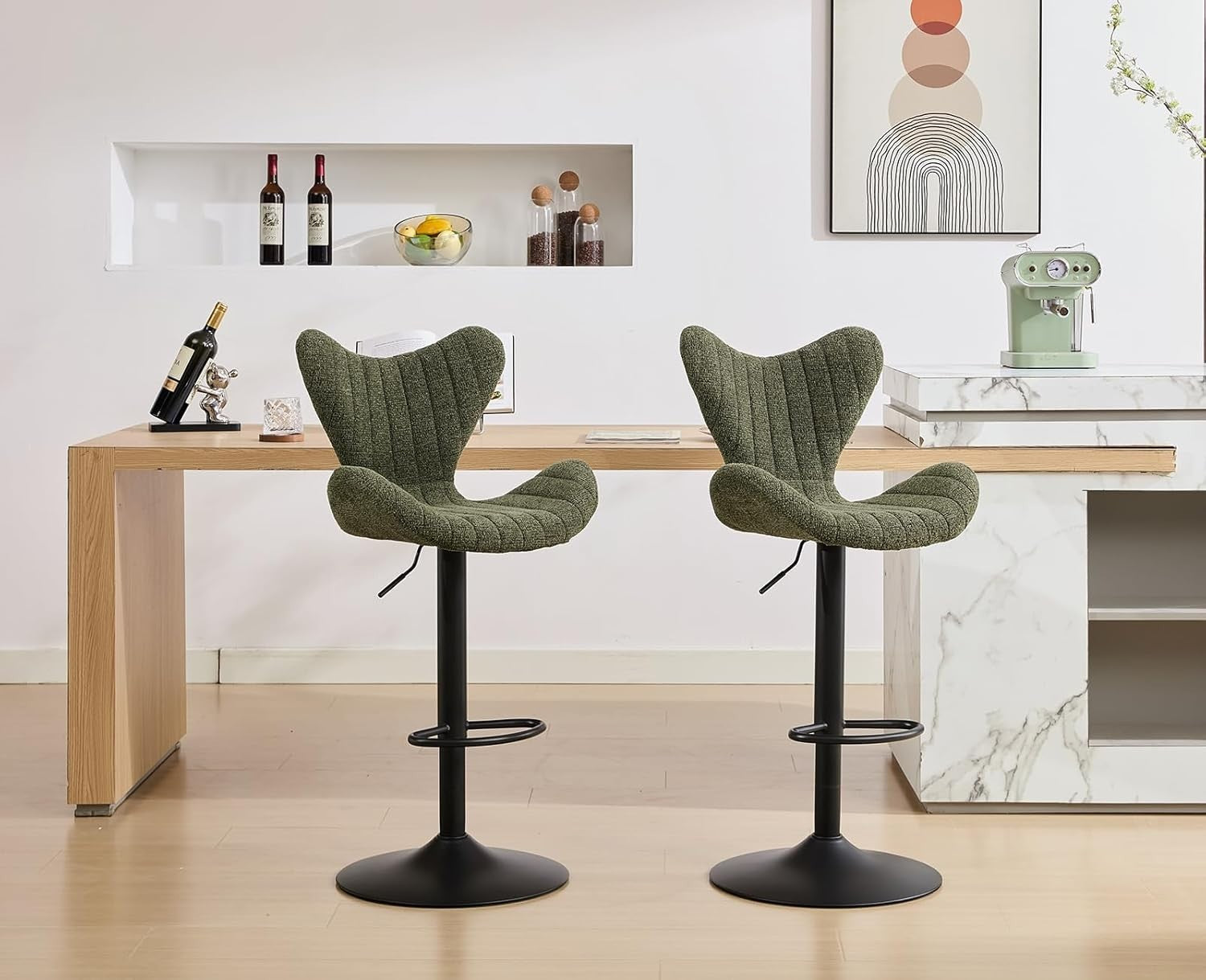 Green Wing-Back Bar Stools Set of 2 | Polyester Seat, Swivel & Adjustable