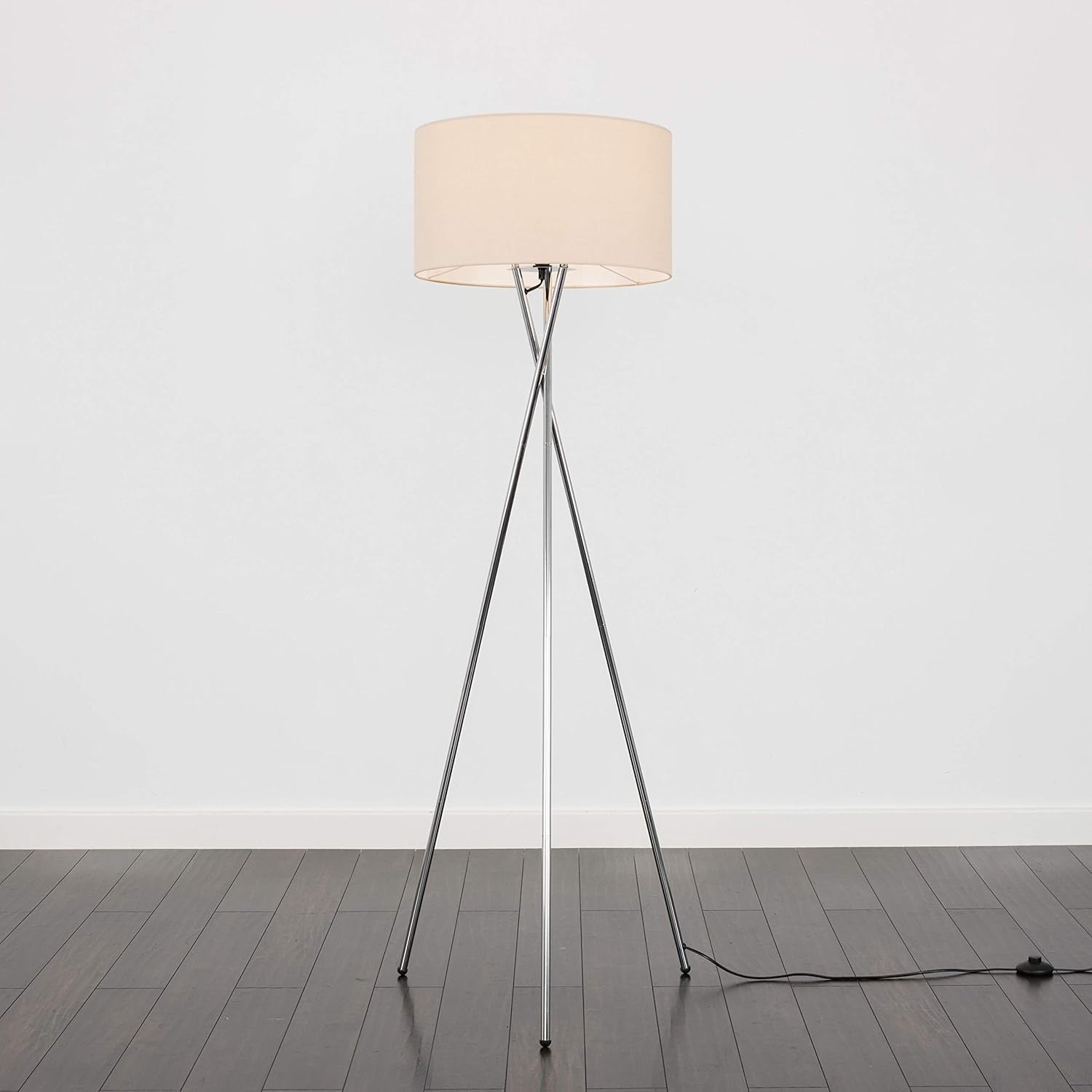 Modern Chrome Tripod Floor Lamp Beige Shade Tall Living Room Bedroom Light