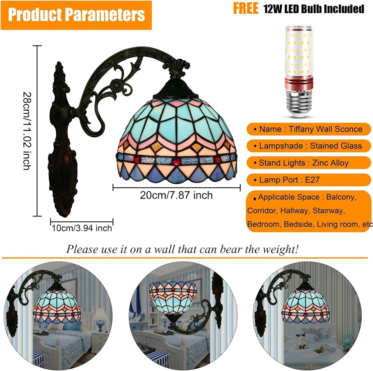 Mediterranean Stained Glass Wall Light 8in Vintage Indoor Sconce