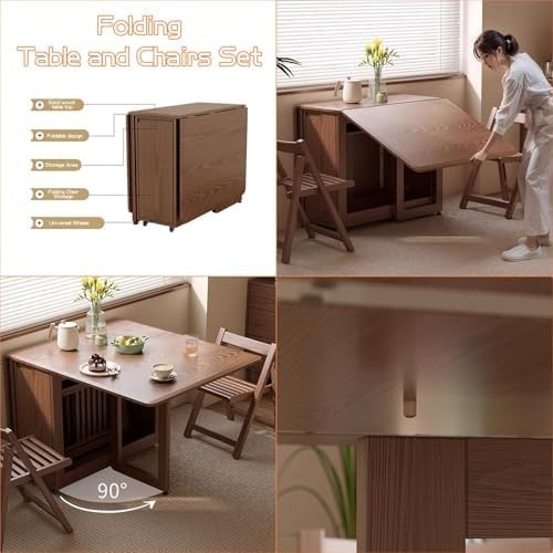 Space-Saving Oak Folding Dining Table Set with Hidden Storage Chairs 120cm