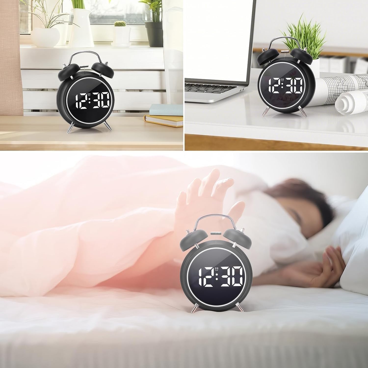 Digital Twin Bell Alarm Clock Loud Wake Up LED Night Light Heavy Sleepers