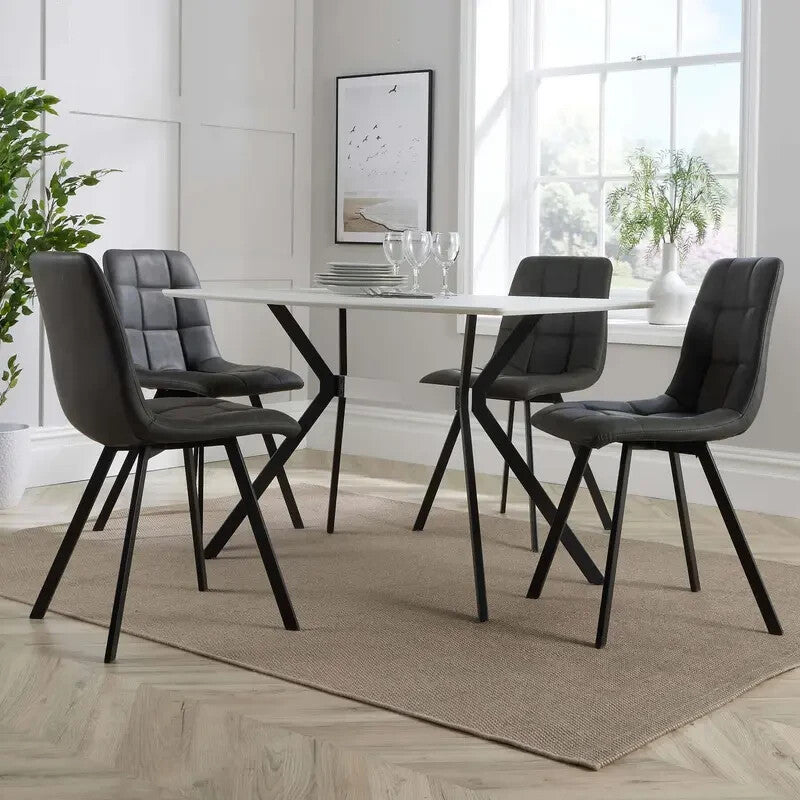 4 Seater Dining Table Set White Top with Grey Fabric Chairs Metal Legs