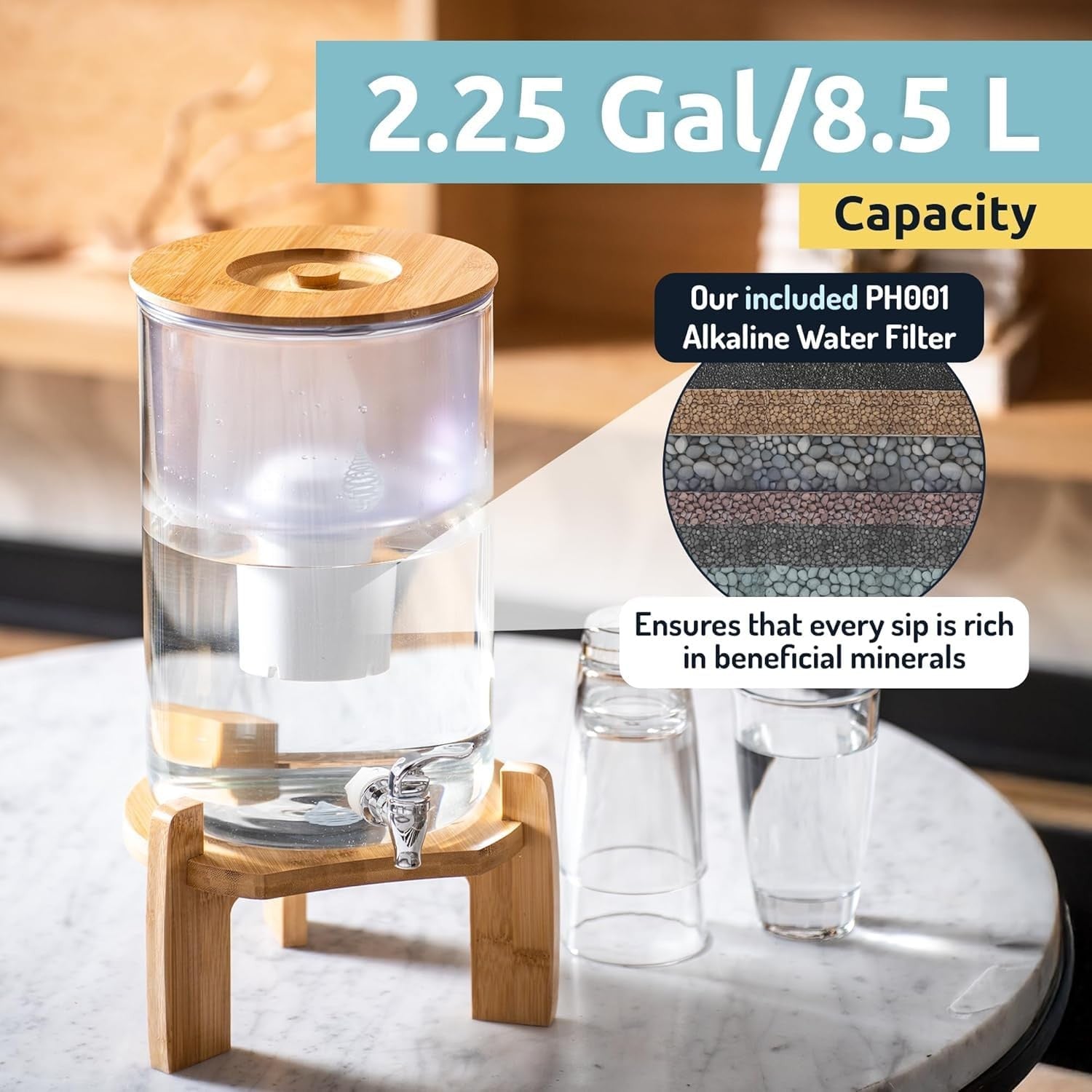 Alkaline Water Filter Dispenser Glass Countertop 8.5L Fluoride Removal
