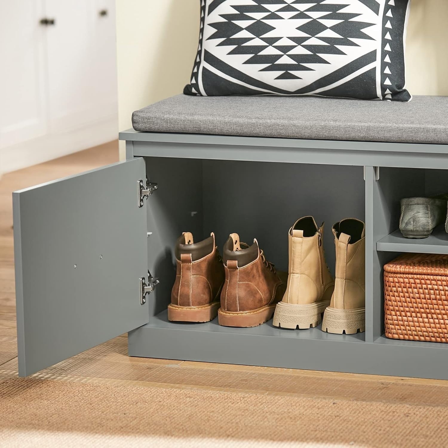 Grey Hallway Shoe Bench with Cushion – 98x37x49cm Storage Seat, 150kg Load