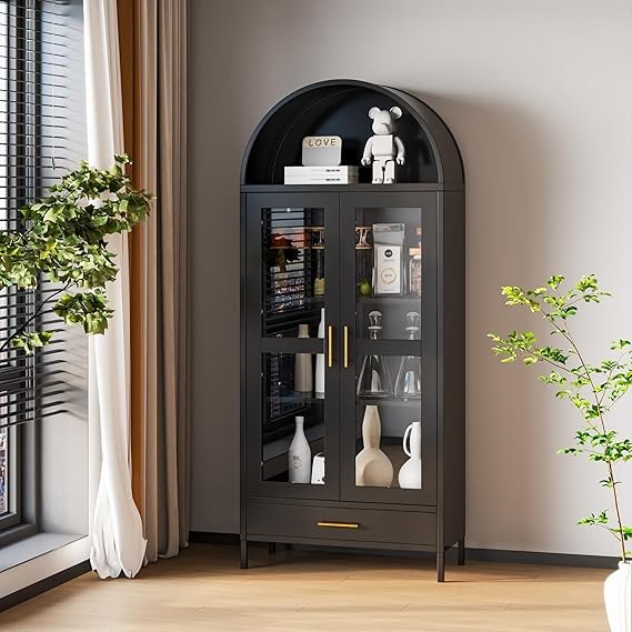 Tall White Arched Pantry Cabinet – 2-Door Glass Storage Unit 185cm Modern