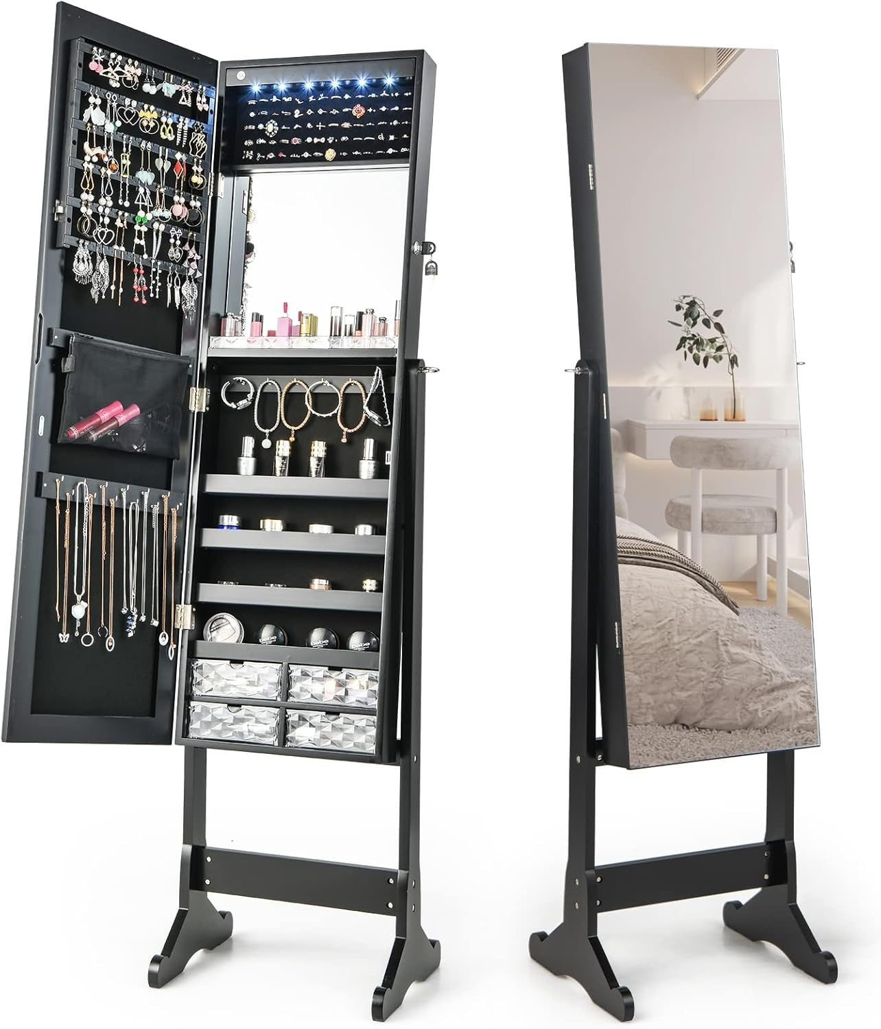 Lockable Standing Jewelry Armoire Mirror LED Lights Adjustable Angle Storage