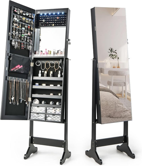 Lockable Standing Jewelry Armoire Mirror LED Lights Adjustable Angle Storage