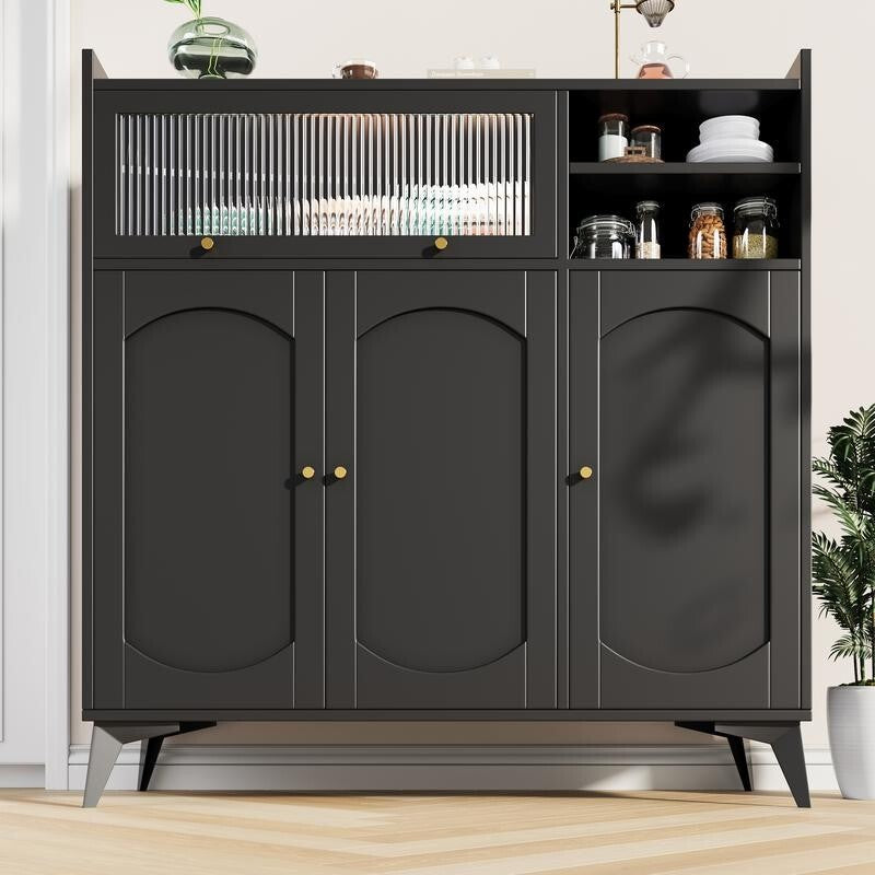 Black Sideboard Cabinet with Glass Door Gold Handles Modern Storage Unit