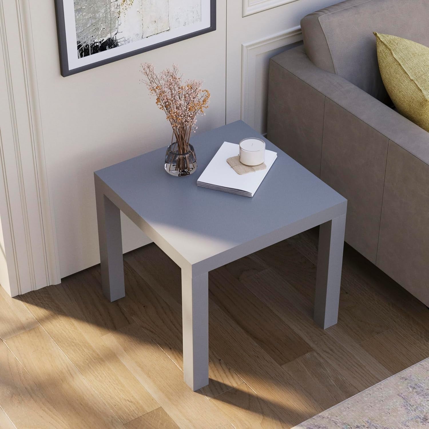 Modern Grey Square Side Table – Compact Lightweight End Table for Living Room