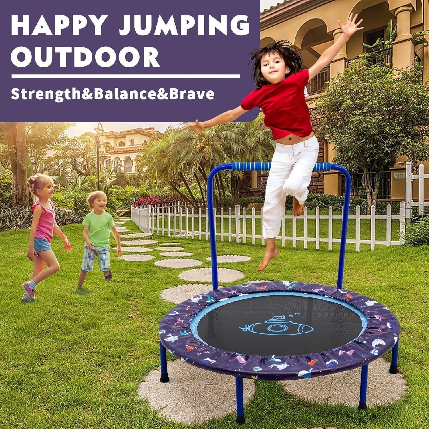 38in Kids Quiet Foldable Trampoline Adjustable Handle Indoor Outdoor