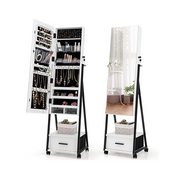 Floor Standing Jewelry Armoire Mirror Lockable Storage Cabinet with Wheels